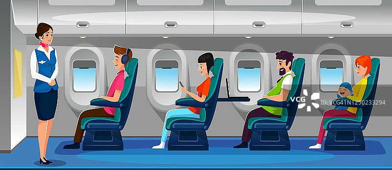 现代飞机沙龙与快乐乘客插图图片素材