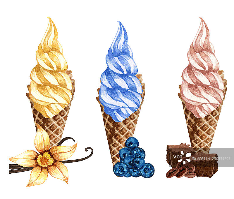 水彩冰淇淋蛋卷孤立在白色背景上。手绘插图香草，巧克力和蓝莓冰淇淋在华夫蛋筒连同浆果和布朗尼图片素材