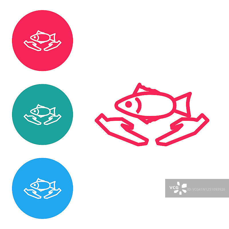 红色线鱼护理图标孤立在白色背景。在圆形按钮中设置图标。矢量图图片素材