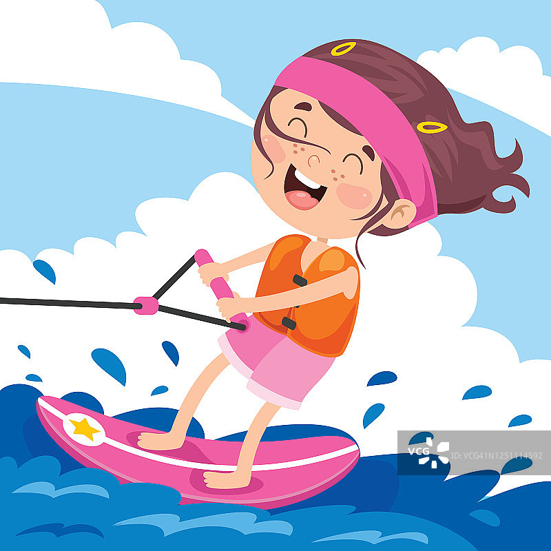 快乐的卡通人物在海上冲浪图片素材