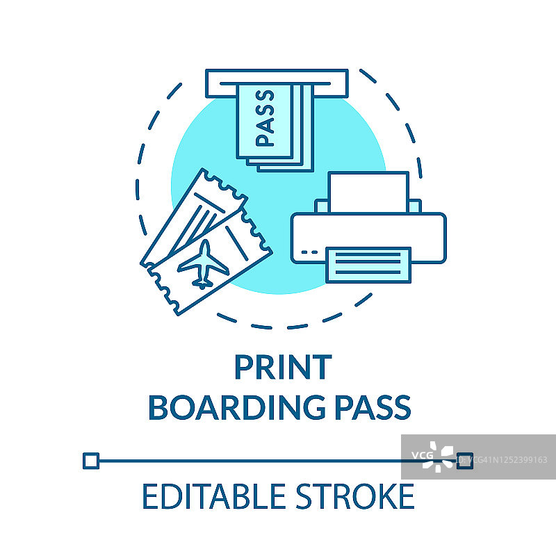 打印飞机电子登机牌概念图标。航空公司购票，网上签到完成构思细线插图。。矢量隔离轮廓RGB彩色绘图。可编辑的中风图片素材