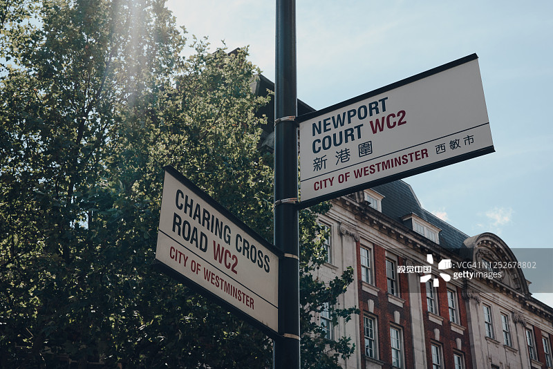 英国伦敦查林十字路和新港法院街角的街道名称标志。图片素材