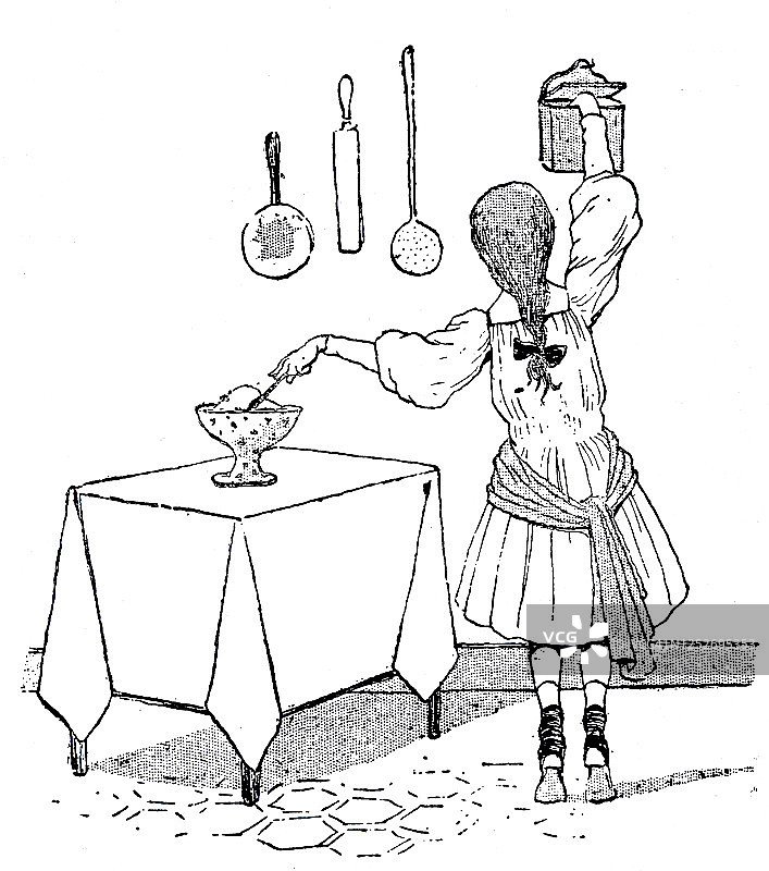 女孩在桌子上做饭，一只手在碗里搅拌，另一只手寻找香草，后视镜图片素材