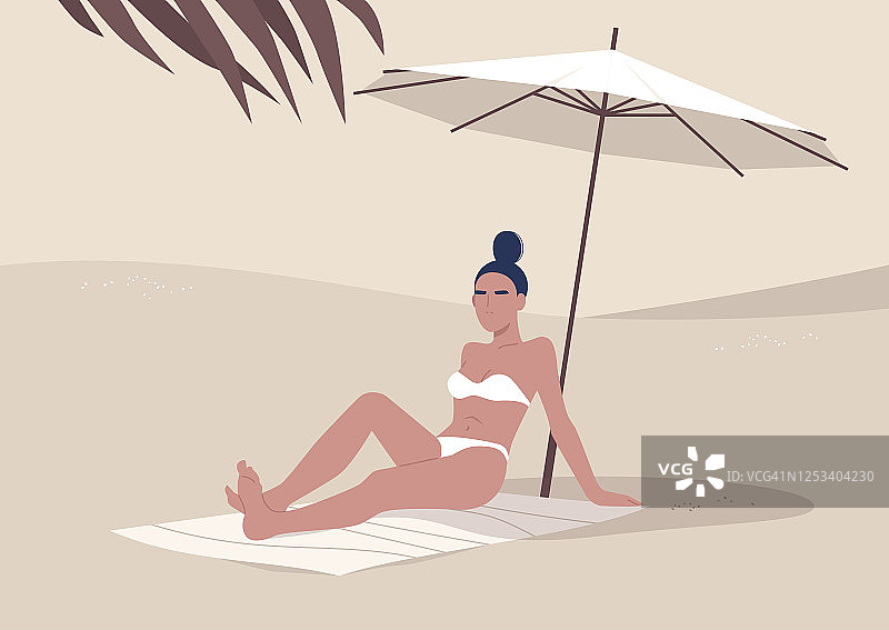 年轻女子坐在沙滩上撑伞，夏日度假，炎热的热带气候图片素材