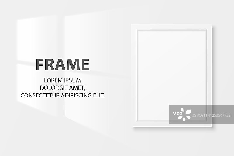 矢量3d现实的白色A4垂直木制简单现代框架图标特写隔离在白色墙壁背景与窗口光。它可以用于演示。设计模板，模型，前视图图片素材