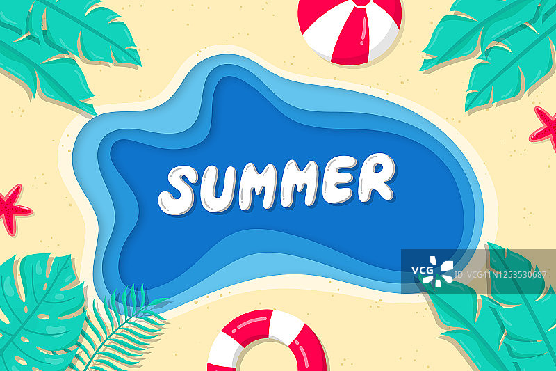 夏季背景纸风格。夏天的背景与沙滩球，海星和热带树叶。图片素材