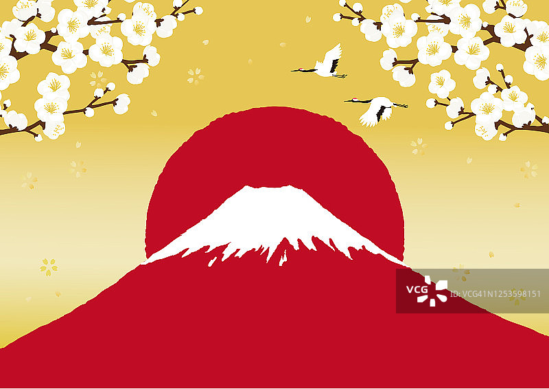 日本丹顶鹤飞在富士山和梅花图片素材