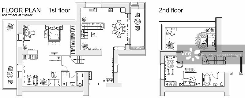 公寓的规划和家具的安排。房屋建筑图(俯视图)。室内平面设计。向量的布局图片素材
