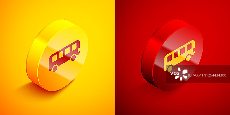等距巴士玩具图标隔离在橙色和红色的背景。圆按钮。向量图片素材