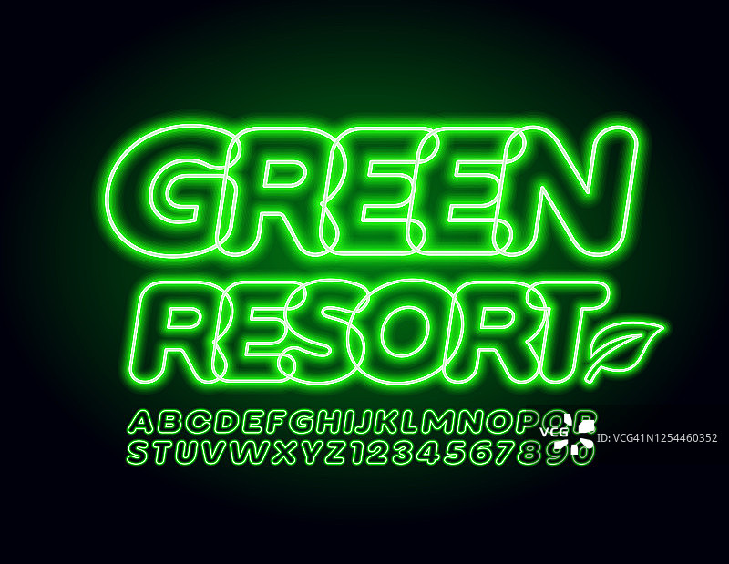 矢量霓虹标志绿色度假村发光字母和数字图片素材