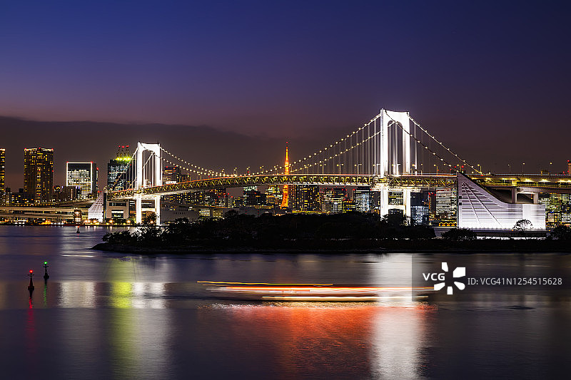 日落后的东京彩虹桥和隅田河。图片素材