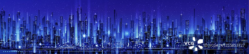 矢量夜城市天际线与霓虹灯和生动的颜色。图片素材
