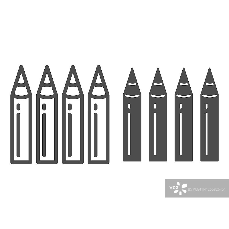 儿童铅笔线和固体图标，学校用品概念，在白色背景上的四支铅笔标志，四支铅笔图标在轮廓风格的移动概念和网页设计。矢量图形。图片素材