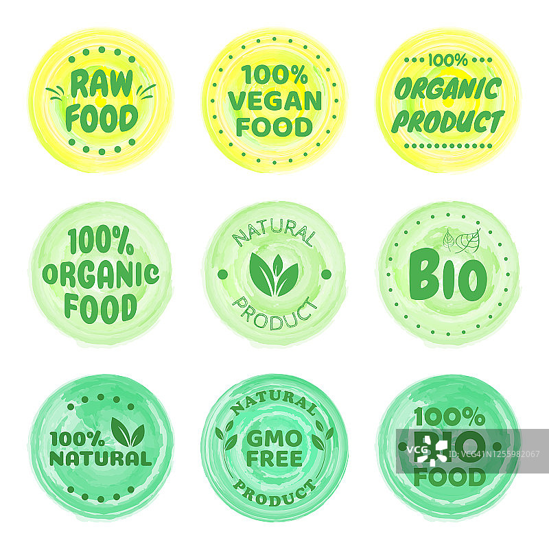 有机食品标签。新鲜的生态素食产品，素食标签和健康食品徽章。纯素标志、纯素饮食贴纸或生态食品邮票。素食的环保理念。图片素材