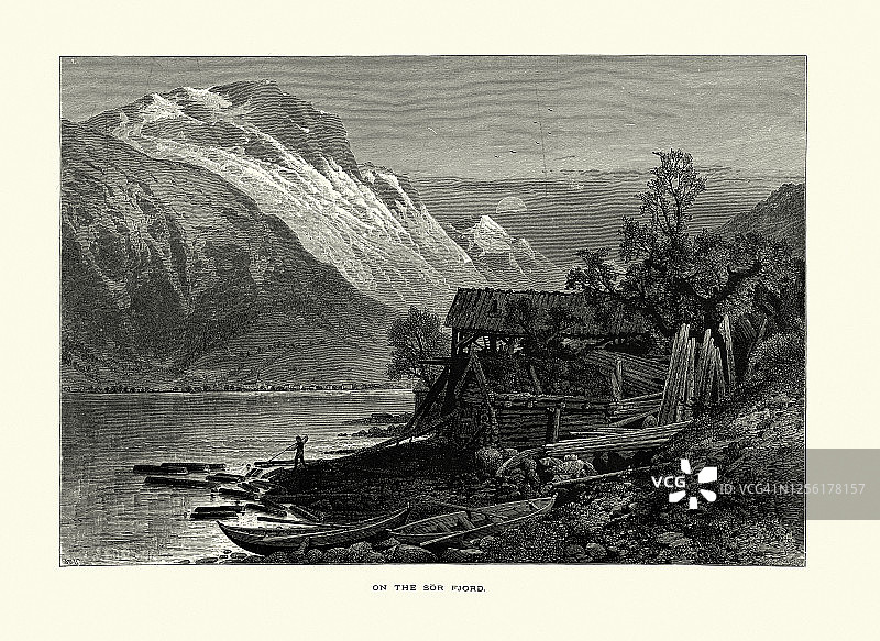 索峡湾的小木屋和小船，挪威，19世纪图片素材