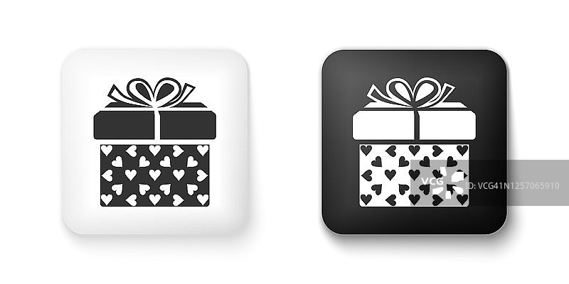 黑白礼盒和心形图标孤立在白色背景。包装的情人节。用缎带和蝴蝶结系在上面，是一个漂亮的节日盒子。方形按钮。向量图片素材
