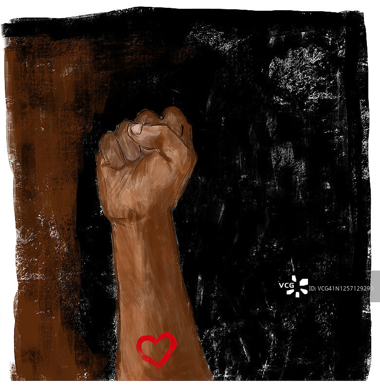 举起拳头，用心。社会正义，抗议，示威，黑色和棕色背景。图片素材