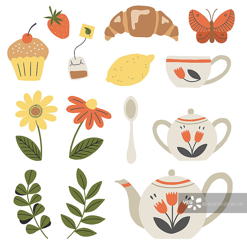 一套茶具，花园花和小吃。分离的茶时元素集合。图片素材