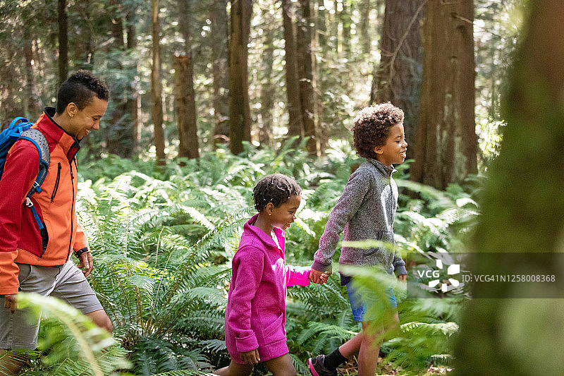 妈妈带着两个孩子在树林里散步图片素材