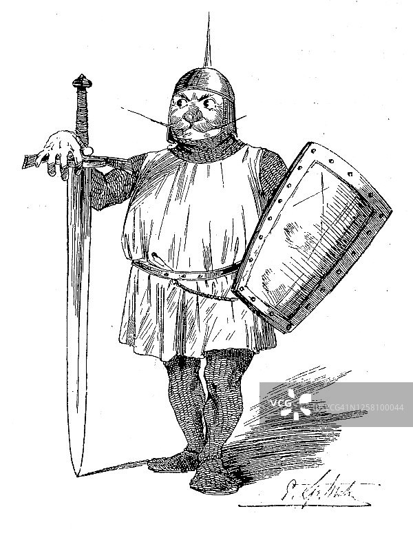 小而有趣的骑士，带剑和盾，全长，白色背景图片素材