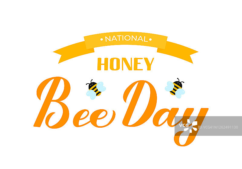 国家蜜蜂日书法手写体与可爱的卡通蜜蜂孤立在白色。易于编辑的矢量模板横幅，海报，传单，贴纸，明信片，t恤等图片素材
