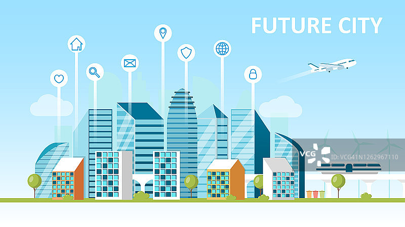 智能城市的概念。未来之城。景观与摩天大楼现代技术。Hyperloop分类垃圾。绿色能源。爱护环境。城市视图平面矢量卡通插图图片素材