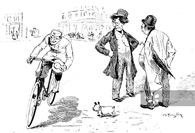 城里的两个人谈论着一个骑自行车的人很快地经过图片素材