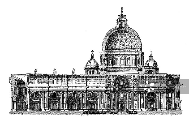 古老的雕刻插图的教皇大教堂的圣彼得，梵蒂冈，圣彼得大教堂，意大利文艺复兴图片素材