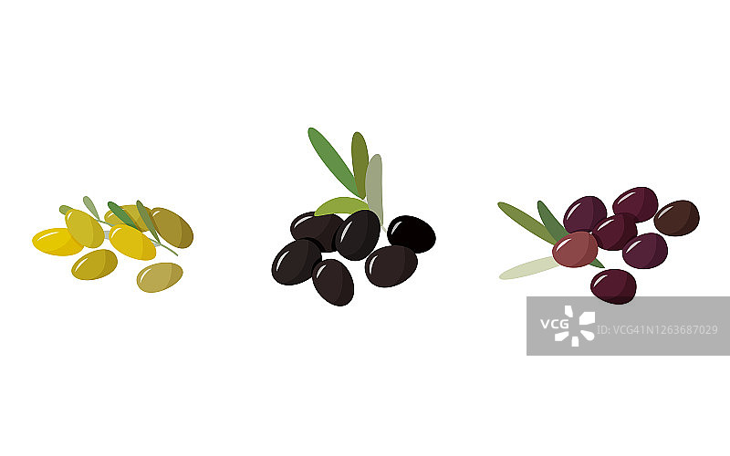 新鲜收集不同颜色的橄榄。绿色，黑色和紫色的浆果。新鲜烹饪收藏。图片素材