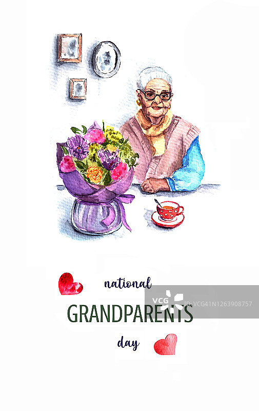 全国爷爷奶奶节水彩画祝福语爷爷奶奶节快乐。孤立在白色图片素材