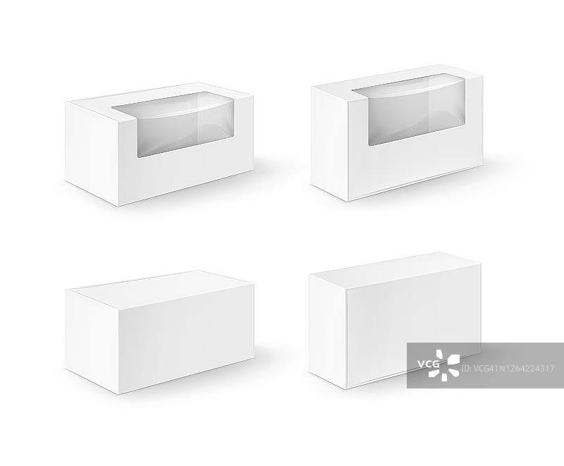 矢量组白色空白纸板矩形带走盒子包装的三明治，食品，礼物，其他产品与塑料窗户模拟近距离隔离在白色背景图片素材
