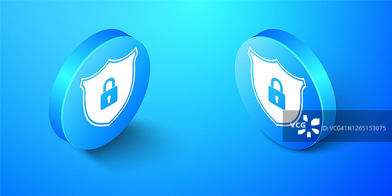 等距盾安全与锁定图标隔离在蓝色背景。保护，安全，密码安全。防火墙访问隐私标志。蓝色圆按钮。向量图片素材