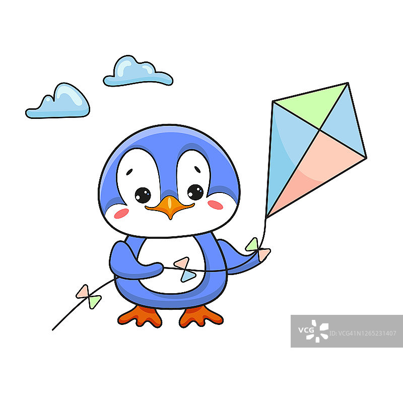 可爱的企鹅在放风筝。矢量插图。图片素材