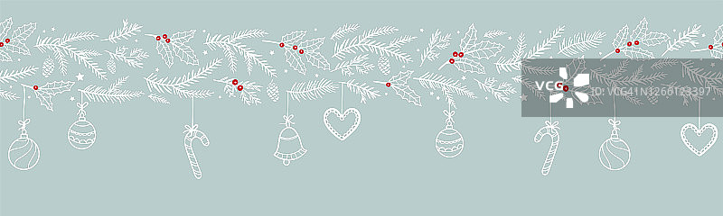 可爱的手绘圣诞无缝花环，横横幅用树枝和装饰。非常适合卡片，横幅，壁纸-矢量设计图片素材