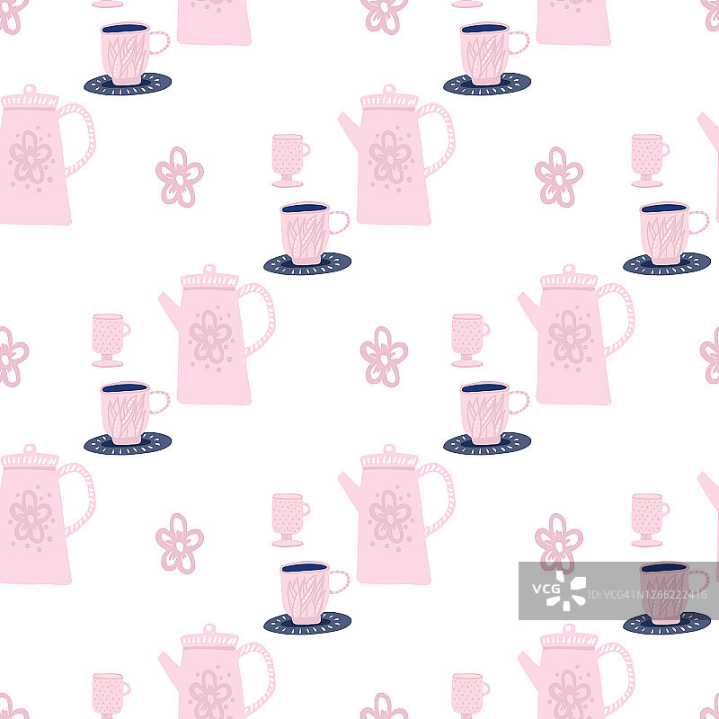 孤立的茶杯和茶壶轮廓无缝模式。白色背景，粉红色点缀。图片素材