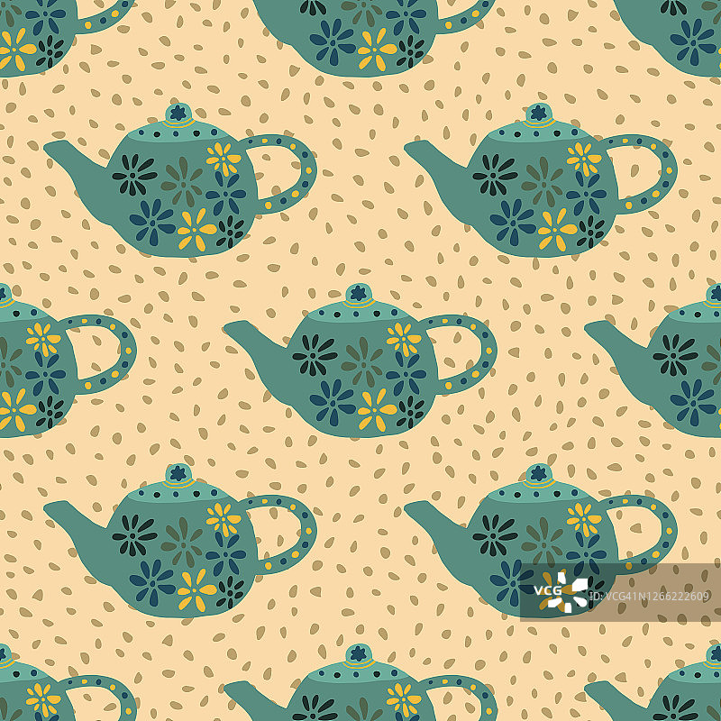 绿松石茶壶与花朵无缝图案。手绘厨房菜在浅橙色的背景与点。图片素材