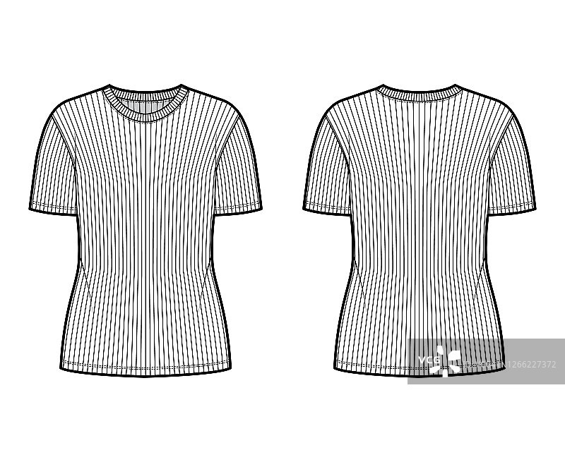 罗纹圆领针织t恤技术时尚插图与短罗纹袖，超大的身体扁平外衣服装图片素材