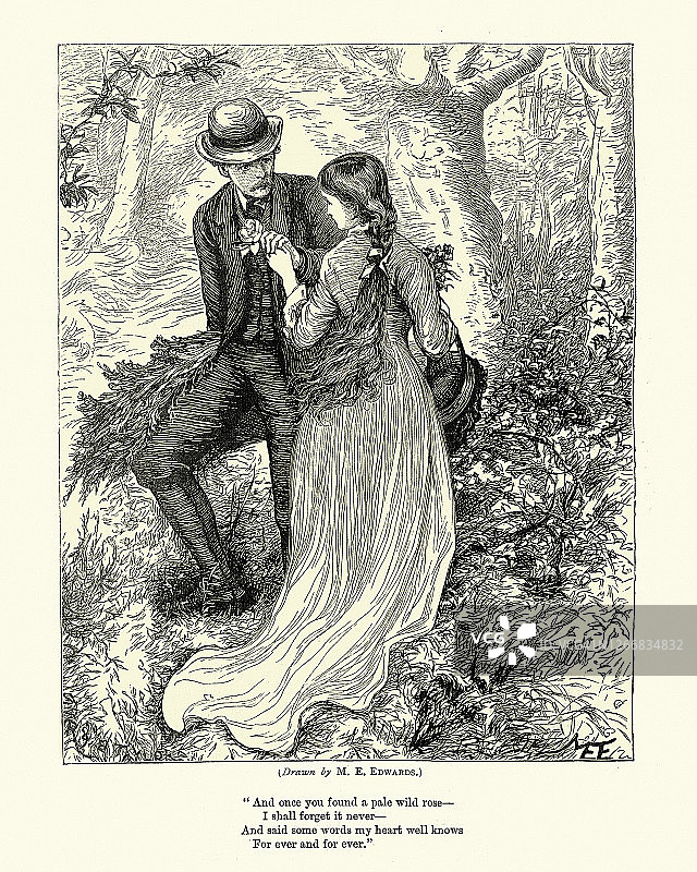 恋爱中的年轻情侣，苍白的野玫瑰，维多利亚，19世纪70年代图片素材