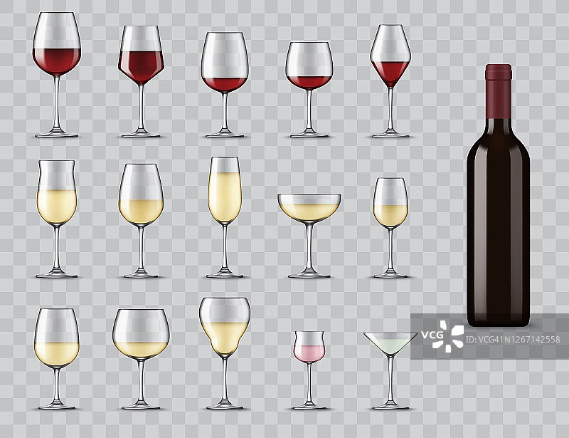 葡萄酒杯的类型孤立的3d矢量图标集图片素材