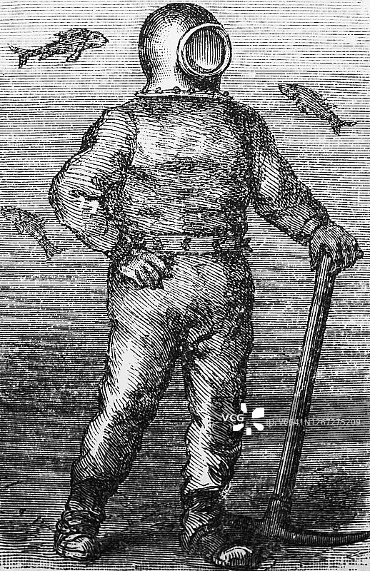 穿着潜水服的老潜水员，在旧书百科全书，安德里耶夫斯基，6A卷，圣彼得堡，1892年图片素材