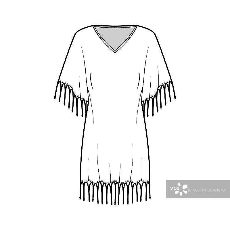 流苏长衫连衣裙技术时尚插图与深v领，蝙蝠肘袖，膝盖以上的长度图片素材