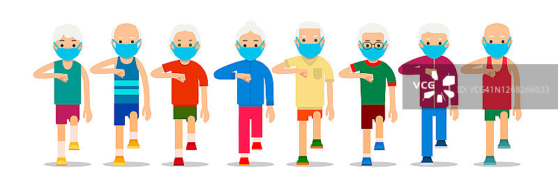 一群上了年纪的活跃人士戴着面具走了。成年男女进行静态步行运动。戴在脸上的防护口罩。体育锻炼，训练，锻炼，运动，健康的生活方式图片素材