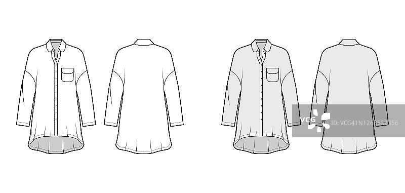 超大号衬衫裙技术时尚插图，圆口袋和领，长袖，低肩图片素材