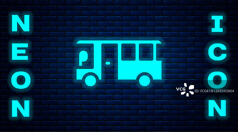 发光的霓虹灯巴士图标孤立在砖墙背景上。运输的概念。巴士旅游交通标志。旅游或公共交通工具标志。向量图片素材