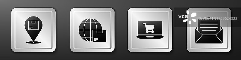 设置位置与纸箱，全球航运和盒子，购物车在笔记本电脑和信封图标。银色方形按钮。向量图片素材