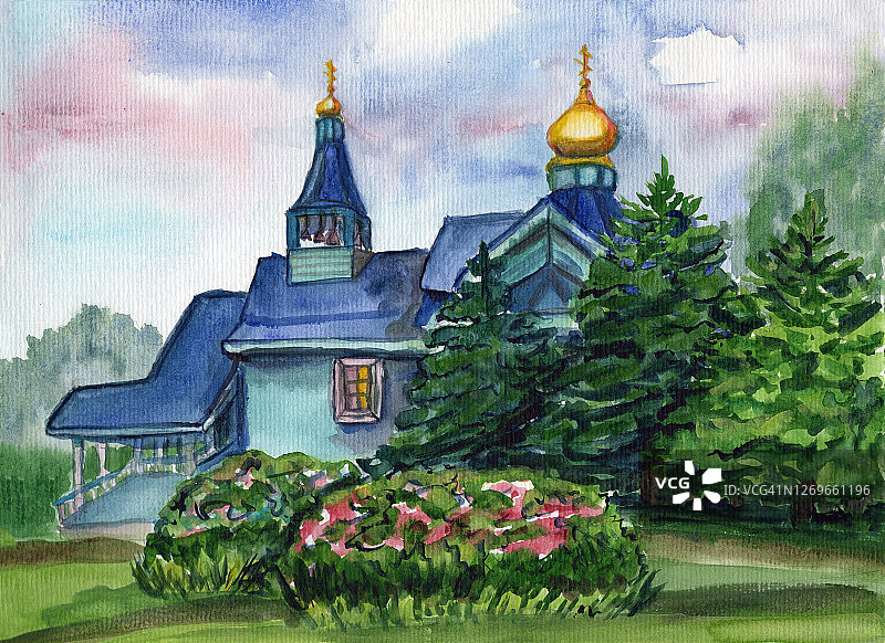 手绘水彩城市草图。历史建筑。宗教建筑。俄罗斯东正教教堂或大教堂。文化和宗教。绿色的树木。蓝色和粉红色的太阳落下天空。公园或花园图片素材