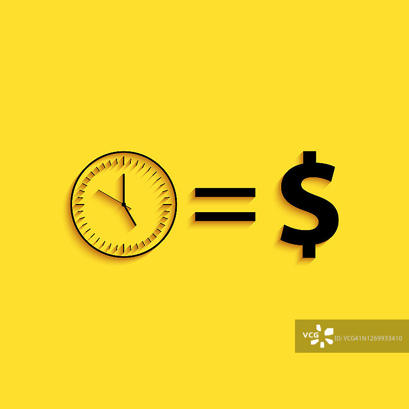 黑色时间是孤立在黄色背景上的金钱图标。金钱是时间。有效的时间管理。将时间转化为金钱。长长的阴影风格。向量图片素材