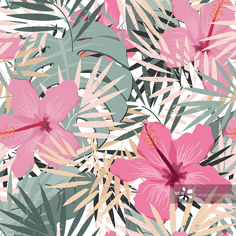 无缝矢量花夏季模式背景与热带棕榈叶和木槿花。优雅柔和的调色板。完美的壁纸，网页背景，表面纹理，纺织品图片素材