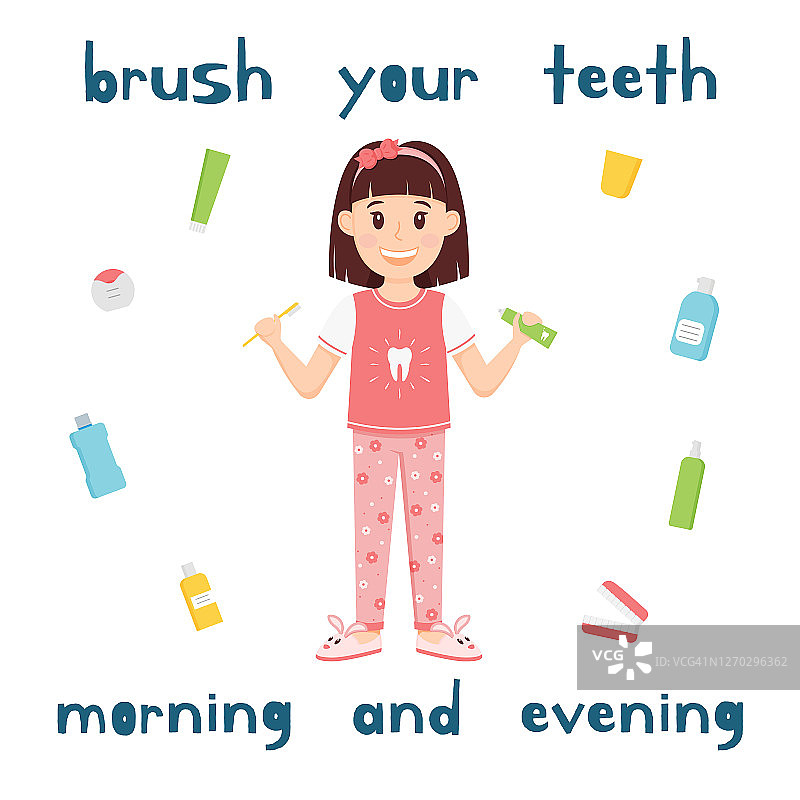 女孩手里拿着一把牙刷和牙膏。一个卡通人物，可爱的孩子穿着睡衣和拖鞋站在那里微笑。儿童口腔卫生。健康的牙齿。孤立的矢量图。平的。图片素材