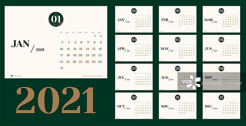 矢量2021年新年日历规划师模板在最小表简单的风格与大理石月纹理数，假日事件规划师，周开始周日。布局的年度日历。时间表的日记图片素材